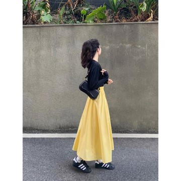 小眾設計黃色松緊腰高腰a字傘裙半身裙女氣質小個子中長款大擺裙