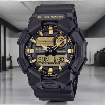 CASIO 卡西歐 G-SHOCK 經典黑金 10年電力雙顯手錶 學生錶(GA-010GB-1A9)