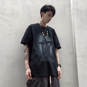 尾郎的店 暗黑系歐美高街T恤男短袖潮牌oversize幽靈印花嘻哈半袖