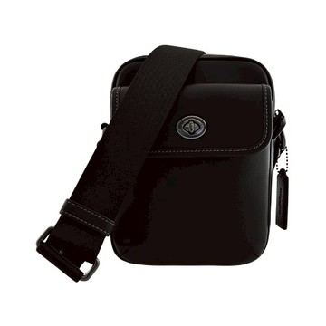 [平輸版] 【COACH】黑色素面皮革前扣袋斜背男包(小)  真品平輸