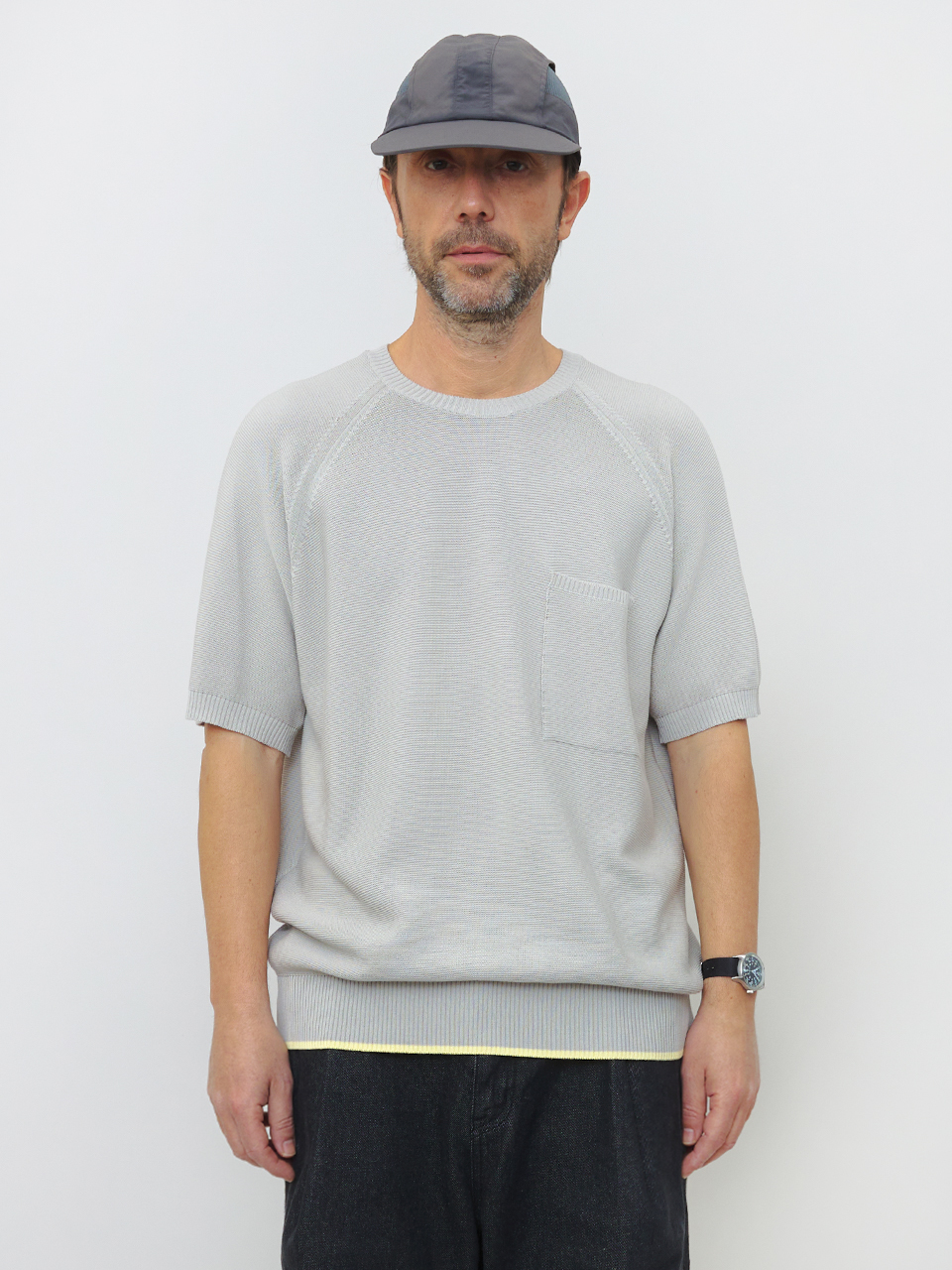 Men High Gauge Pocket Knit Top - Light Gray