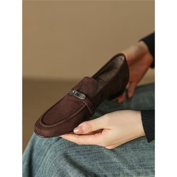 平底單鞋女羊皮豆豆鞋2025新秋季棕色樂福鞋磨砂真皮軟底軟皮41碼