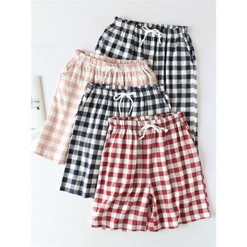 純棉情侶睡褲女短褲針織全棉男士沙灘褲大碼五分褲日系格子家居褲