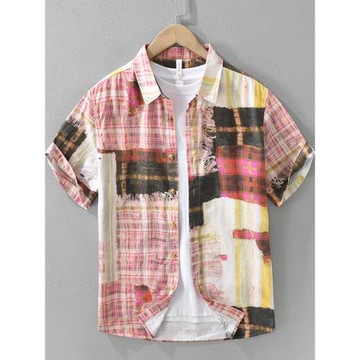 拼接潮流印花短袖襯衫男夏季新款純棉透氣舒適設計感滿印襯衣個性