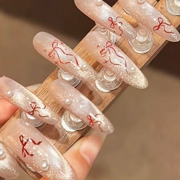 【高級感美甲】穿戴甲煙花美甲半手工爆閃氛圍顯白少女高級粉色蝴蝶結心動貓眼