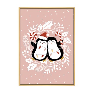 小企鵝過冬I 粉色聖誕帽裝飾畫  30 x 40cm  木色