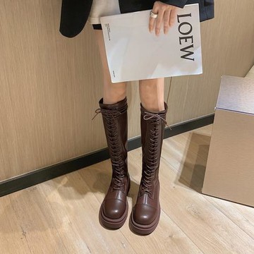 蔣小艾騎士靴女胖mm粗腿靴子2024年新款高筒系帶大筒圍長靴長筒靴
