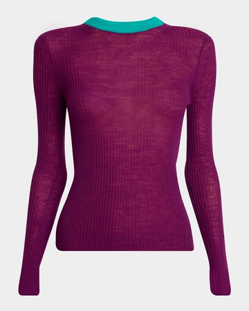 Bicolor Long-Sleeve Wool Crewneck Sweater
