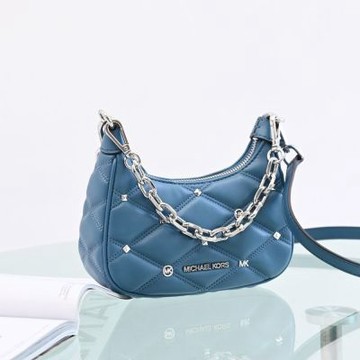 MICHAEL KORS CORA 菱格車線皮革手提斜背兩用牛角包(藍)