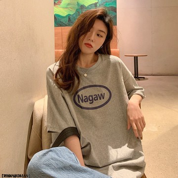 韓版潮牌中長款正肩短袖T恤女小個子寬鬆印花圓領上衣ins