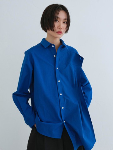 Patched Raw Panel Long Shirts _ Blue