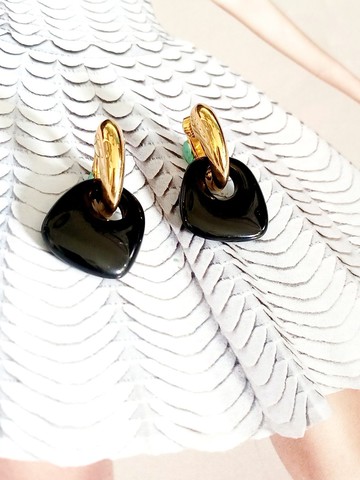 vintage jewelry Trifari 裝飾藝術黑金吊飾可替換 夾式耳環