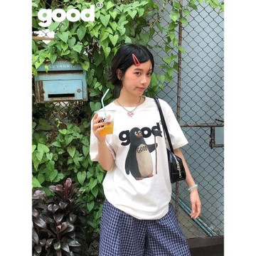 美好商店MeihaoStore南極領隊舉旗小企鵝印花全棉基礎短袖T恤