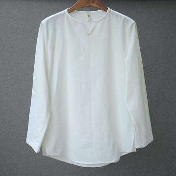 中式文藝復古棉麻套頭衫春秋新款男士休閑長袖T恤打底衫白色襯衣