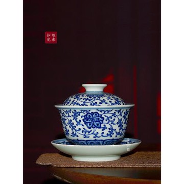 柴窯蓋碗手繪纏枝蓮馬蹄三才蓋碗景德鎮手工元寶復古釉下青花蓋碗