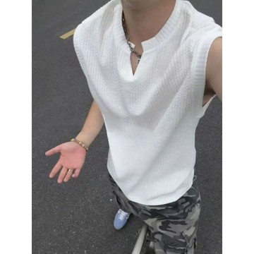 臺灣出貨🎊肌理感褶皺V領運動背心男款2026夏季冰絲無袖t恤美式健身坎肩汗衫大減價🎁