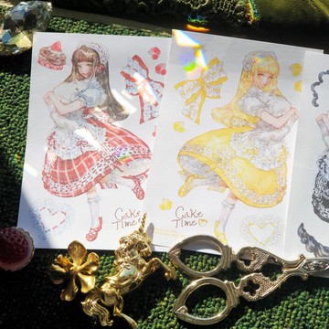 Cake Time 貓咪與女孩 迷你貼紙