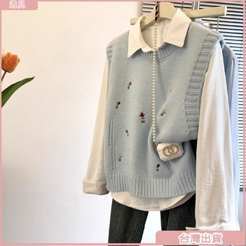 新款特價✨藍色刺繡花朵無袖毛衣馬甲女2025春季韓系疊穿長袖翻領襯衫兩件套