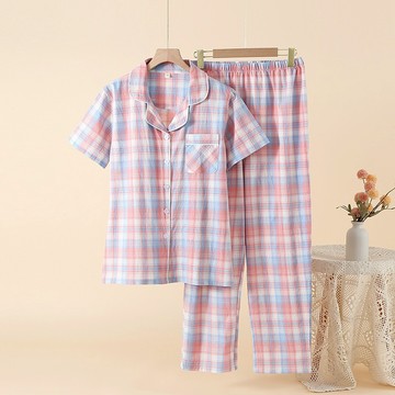睡衣女純棉春夏季薄款無印格子居家服短袖長褲套裝寬鬆大尺碼家居服