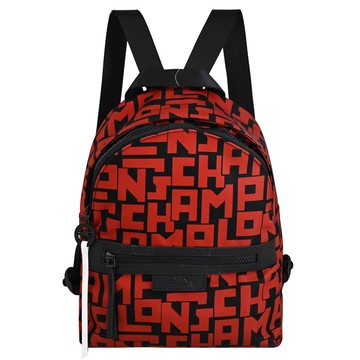 Longchamp 品牌LOGO印花尼龍拉鍊雙肩後背包.紅/黑邊
