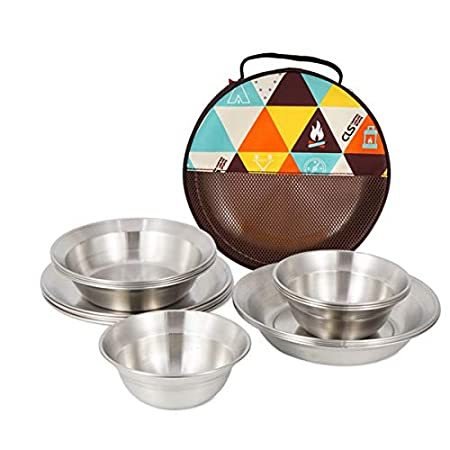 16-Piece Kit Stainless Steel Plates and Bowls Camping Set Small and Large D