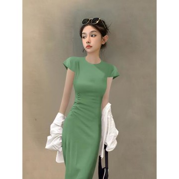 2025新款夏季莫代爾冰絲灰綠色短袖連衣裙女氣質薄款長裙緊身包臀