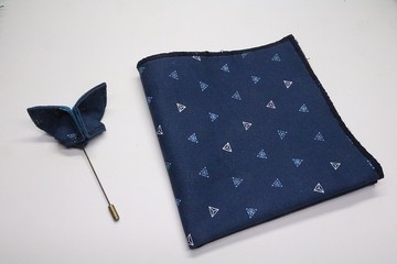 蓝色几何图形口袋巾蝴蝶胸针套装/婚礼搭配神器