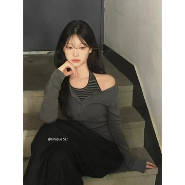 Muun Studio 復古疊穿吊帶條紋假兩件顯瘦長袖T恤上衣女