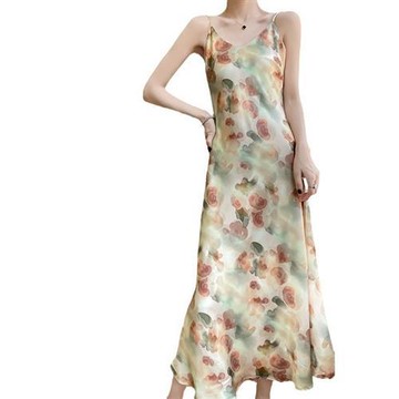 【巴黎精品】洋裝細肩帶連身裙-緞面吊帶碎花V領女裙子a1iz14