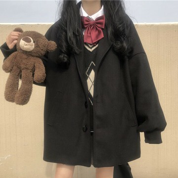 JK西裝外套女呢子大衣中長款秋冬季純色寬松百搭學院風毛呢西服女