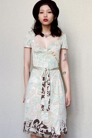 南瓜Vintage。Elie Tahari 淡綠色 印花 繫帶 絲質 短袖 洋裝