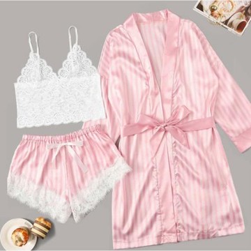 2121 women new pajamas pink striped jacket lace suit女睡衣