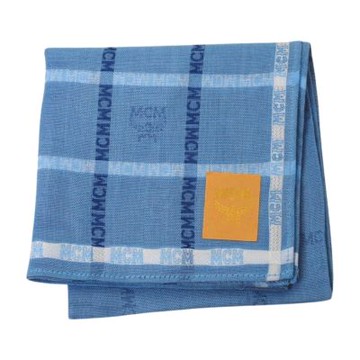 MCM 經典品牌字母格紋LOGO圖騰帕領巾(水藍系/48CM)