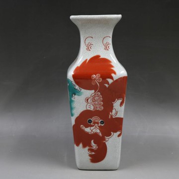 清乾隆粉彩獅紋四方花瓶家居裝飾老貨瓷器擺件收藏古董古玩老貨1入