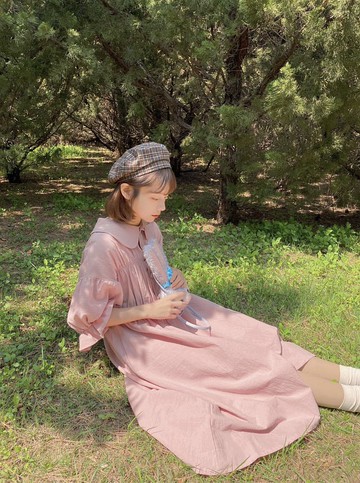 娃娃領 荷葉邊 泡泡袖洋裝 寬鬆 薄款