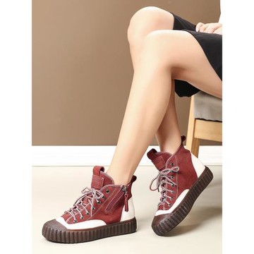 厚底高幫鞋女皮鞋秋冬新款ins潮真皮短靴軟底板鞋拼色平跟休閑鞋