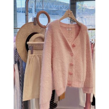 粉色v領馬海毛毛衣外套女春季季寬松溫柔慵懶風外穿加厚針織開衫