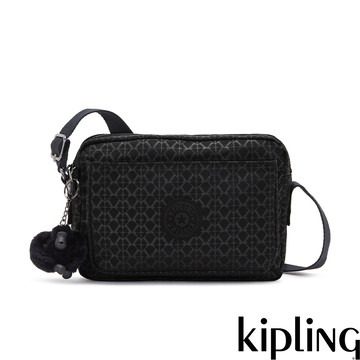 Kipling 經典黑菱格紋印花多層隨身斜背包-ABANU M