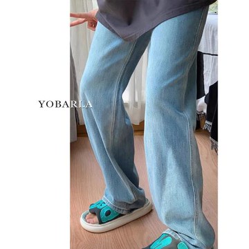 藍色直筒牛仔褲女秋冬加絨高腰大碼胖mm寬松顯瘦梨形身材闊腿褲子