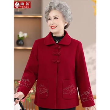 中老年人秋冬裝女外套奶奶毛呢60歲70媽媽冬裝喜慶婚宴太太上衣服