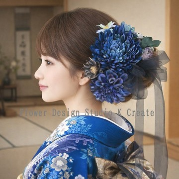 藍色菊花與玫瑰頭飾 蝴蝶結 髮飾 成人式 入學式 畢業式 和服婚禮 結婚式 藍色 寶藍 海軍藍 網紗 婚紗照 成人式