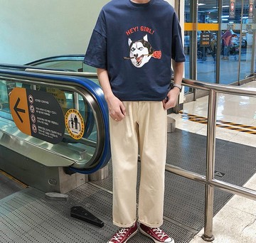 FINDSENSE H1 2018 夏季 新款 男 個性 趣味 狗頭印花  情侶 寬鬆 五分袖 T恤 短袖 學生 潮上衣