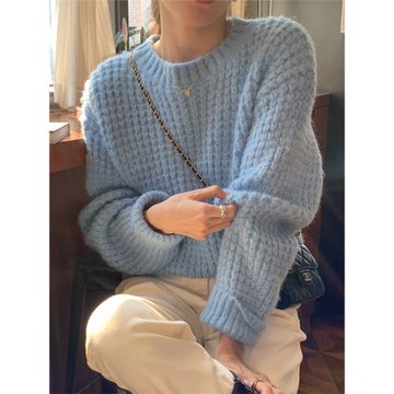 軟糯加厚華夫格藍色毛衣女秋冬內搭小個子慵懶套頭短款上衣針織衫