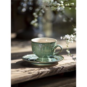 綠色復古咖啡杯釉下彩浮雕高腳陶瓷杯碟詫寂風設計師款小眾設計感