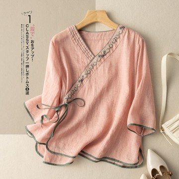 刺繡寬版斜襟棉麻上衣改良唐裝國風文藝復古棉麻茶服【倪醬】