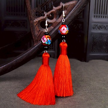 中國風紅色短款流蘇耳墜古裝喜慶民族風耳環女復古無耳洞耳夾耳飾