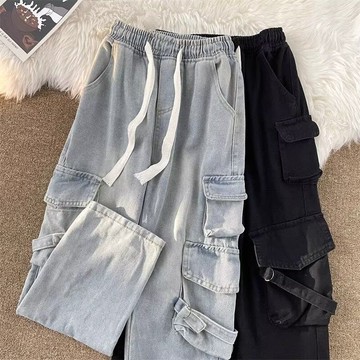 寬鬆潮牌闊腿長褲男美式時尚高街多口袋工裝牛仔褲男