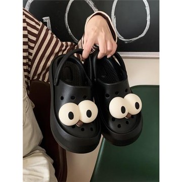 細細條 外穿海邊防滑沙灘鞋女夏季搞怪大眼睛親子厚底洞洞鞋涼拖