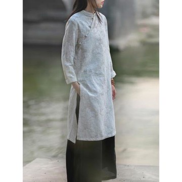 一夢三秋新款中式立領偏襟禪意茶服高端提花棉麻連衣裙女文藝袍子