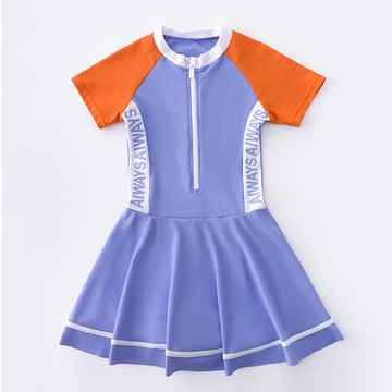 運動風短袖連身泳裝-側腰英文字-藍紫+橘